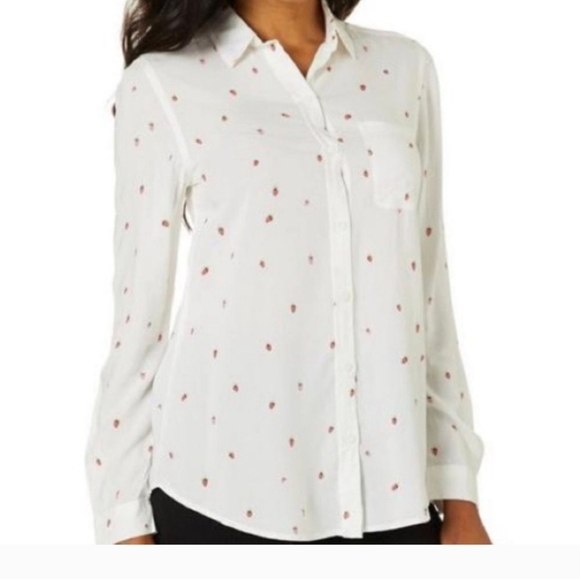 BEACH LUNCH LOUNGE Long Sleeve Button Down White Shirt Strawberry Print, M NWT - Picture 4 of 16